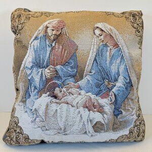 Vintage Nativity Tapestry Throw Pillow 16"x16" Tan Backing Mary Joseph Jesus